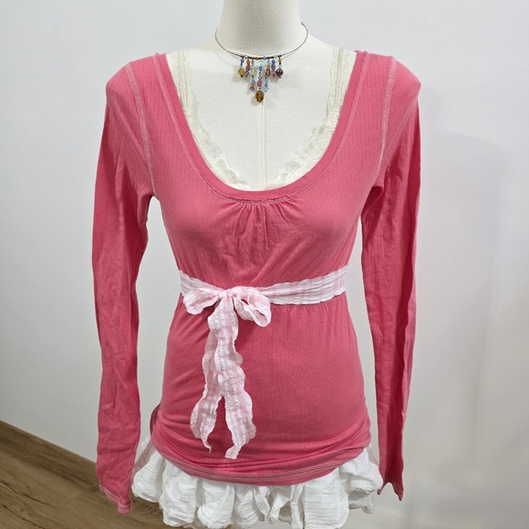 Abercrombie Strawberry Pink Long Sleeve Babydoll Top With Tie - Picture 2 of 4